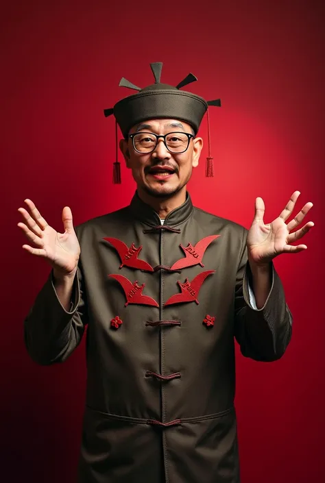 Portrait, photo, a middle-aged man in a traditional Chinese qipao with humorous details (like upside-down bats and misaligned symbols), wearing rounded frame eyeglasses and a Daoist hat. He has a confident, playful expression with a mole at the corner of h...