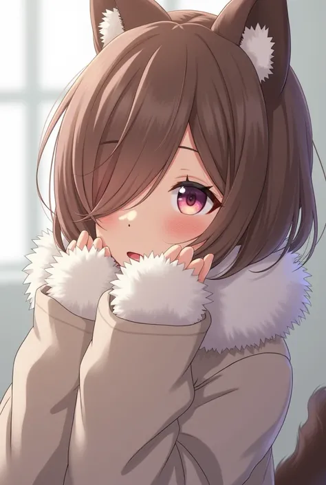    1 girl ,      high definition model   ,    high detail,  Cover one eye with hair,      wolf ears   , character portrait, Anime, Fur clothing,A fur doll that covers the neck、  slightly blush ,   on all fours、throw,  rough breathing,  take a closer look, ...