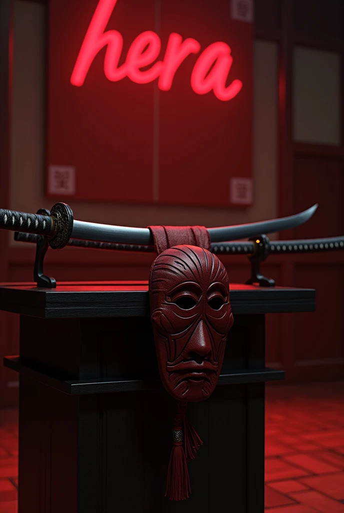 A katana on its side on its lectern with a red samurai mask hanging from its handle,  that has the word  "hera" with a light dark red filter in a training room  