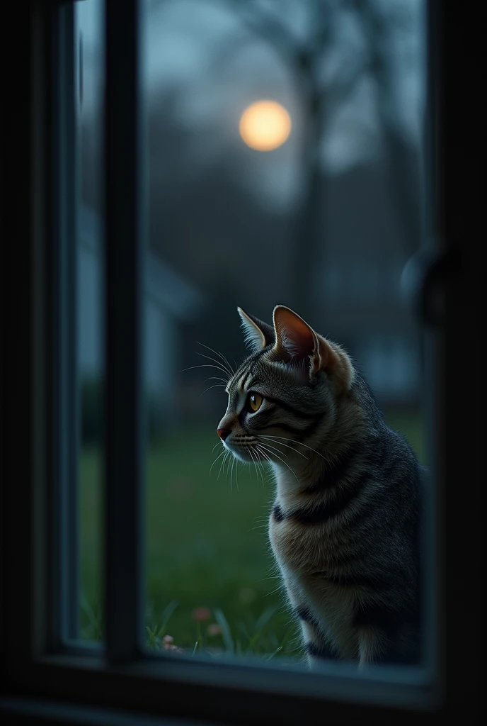 The yard outside the window is dim, bathed in moonlight, but something dark shifts across the grass. The cat’s amber eyes follow the movement intently, its gaze narrowing as the shadow moves quietly, creating a sense of unease in the still night.

