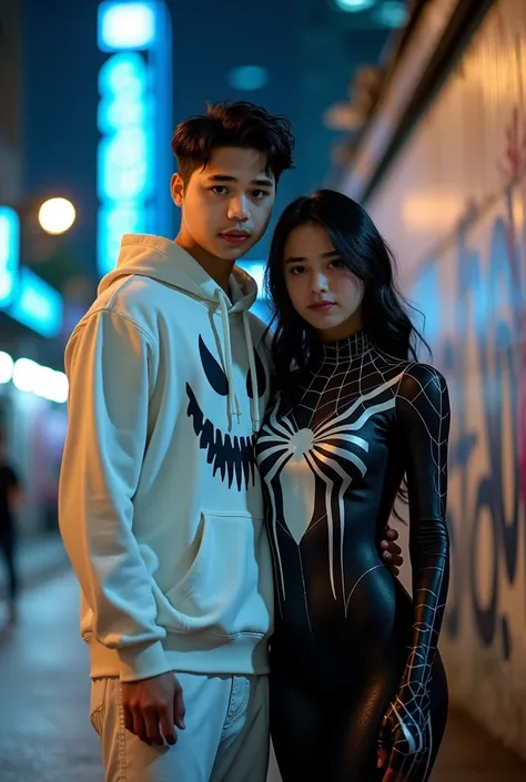 Handsome white Asian man, 21 years old, height 160cm, weight 80kg, white hoodie with scary smiling face, white trousers, facing the camera with Asian Woman, Spider-Woman cosplay, wearing a black silver bodysuit with a spider web design, posing in over city...