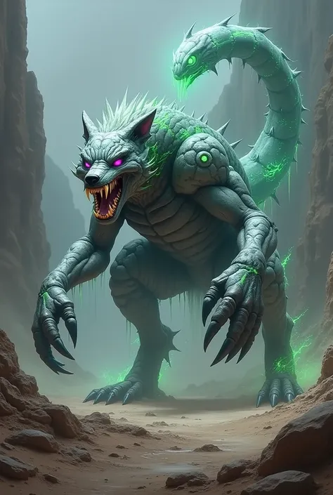 "A terrifying hybrid creature that merges the ferocity of a wolf with the alien menace of a scorpion. The hybrid has the upper body of a gigantic wolf, its silver fur streaked with glowing green patterns, and glowing purple eyes that radiate malice. Its po...