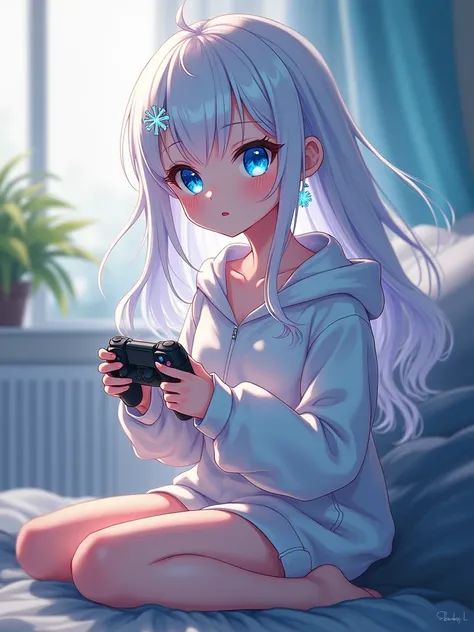 White hair and light blue mesh 、Tiny snowflake earrings 、 eye color are transparent light blue 、Anime character style、 holding game controllers in both hands、Cute loungewear、Gamer、Beauty