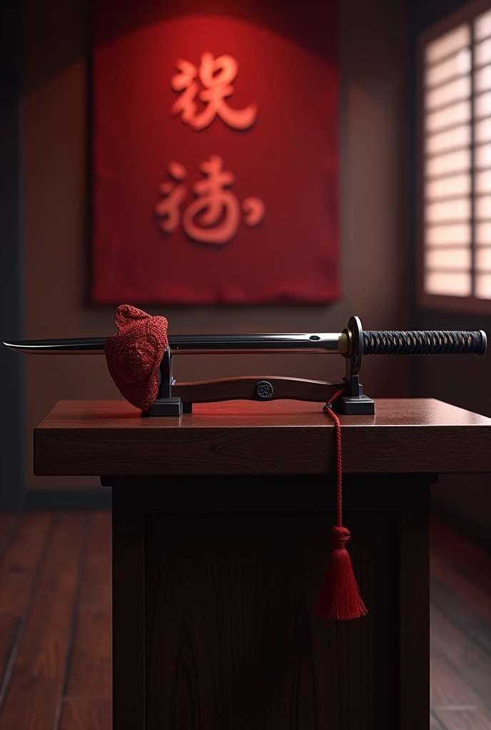 A katana on its side on its lectern with a red samurai mask hanging from its handle,  that has the word  "hera" with a light dark red filter in a training room  