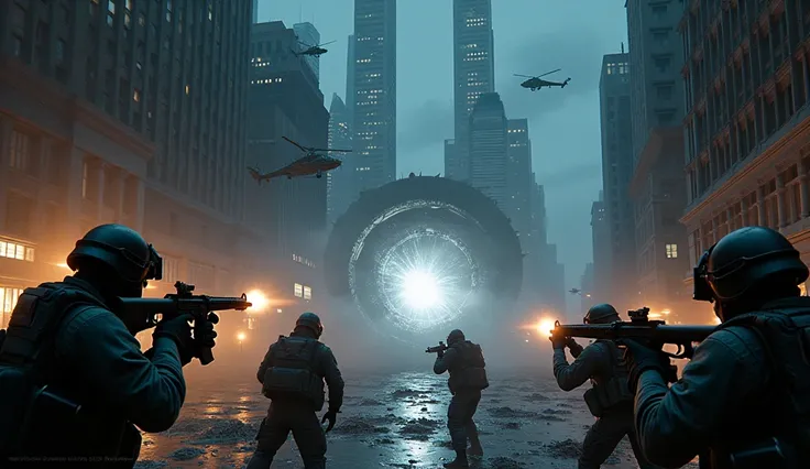 Manhattan , Night, modern soldiers are fighting under fire, there are military helicopters in the sky and the portal is a crater from which something comes out