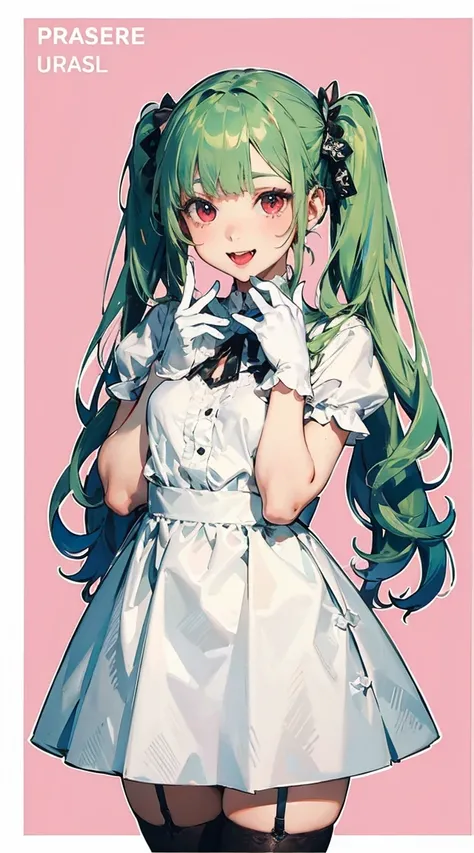 Masterpiece, refrence sheet, young girl, light green hair, long hair in twintails, red eyes, smile, fangs, teeth exposed, white dress, lace, semi-transparent skirt, black thigh-highs, white gloves,(((ultra detailed))), softcore, kawaii ,Kawaii, cute, prett...