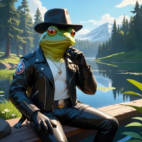 Closeup, anime art style, an extremely badass anthropomorphic light blue and white bullfrog wearing an insanely cool black leather biker jacket open, black fedora, black shirt, black leather biker gloves, black leather biker pants, relaxing at a peaceful l...