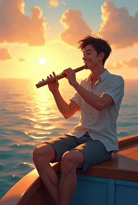  Young man smiling and playing a flute on top of a boat with the horizon in view 