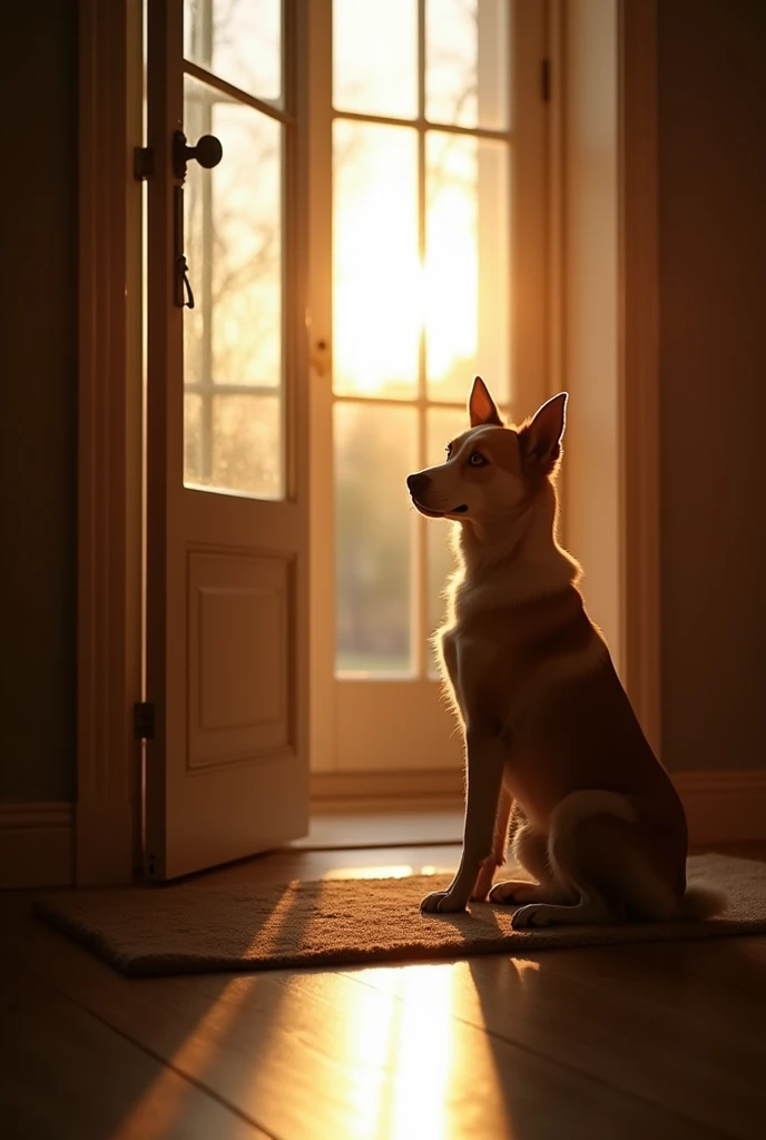 A loyal dog, with bright eyes and perked ears, sits eagerly by the door, watching the first light of dawn filter through the window. The room is bathed in soft, golden light, and the dog’s posture is alert, awaiting the arrival of its loved one.