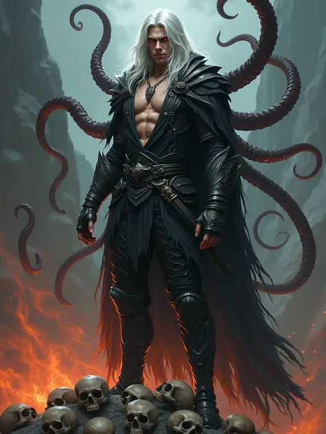  a terrifying fighter with red eyes and long white hair in a gothic combat costume， strong body，Young and handsome，Turn sideways，There is a flame under your feet，Standing on a mountain of s. 8 thick tentacles stick out from behind him，Black demonic scent 