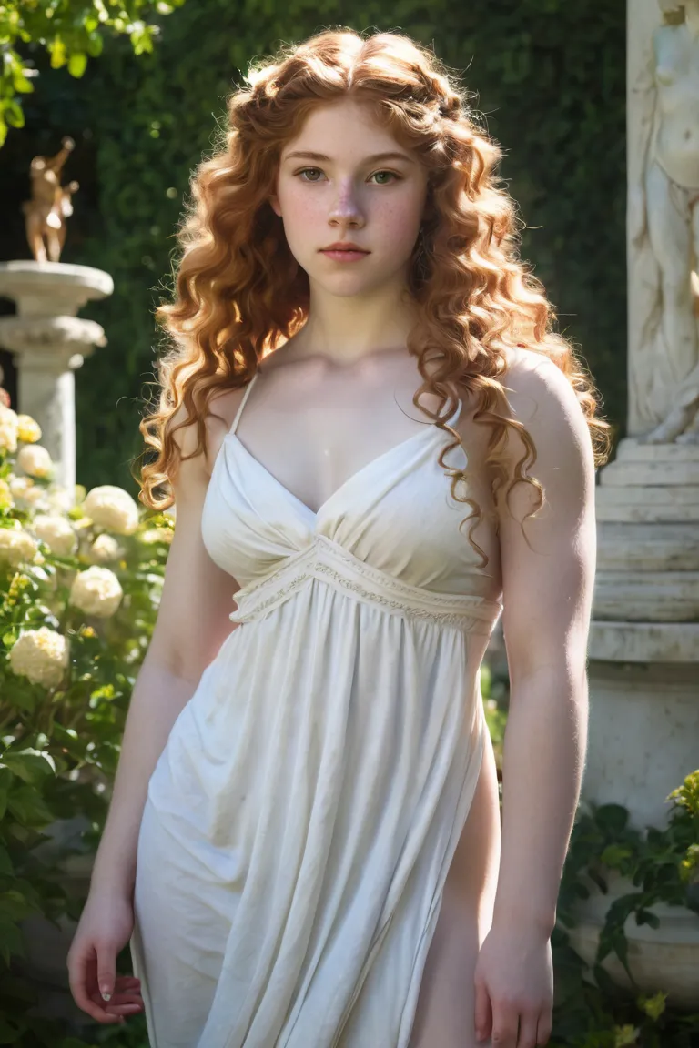 a painting of a young naked teenage girl with pale skin and light freckles, muscular and busty, with long curly auburn hair styl...