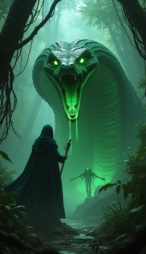 In the shadows of a dark jungle, a massive cobra with glowing green scales and an extended hood sways menacingly. Beside it, a human figure cloaked in dark robes wields a staff dripping with venom, their glowing green eyes radiating malice. The dense jungl...