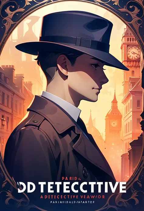 cover page, highres, top quality, best quality, paid reward available, unparalleled masterpiece, perfect artwork, absurdres, The profile of a  wearing a detective hat, silhouette, mystery novel,