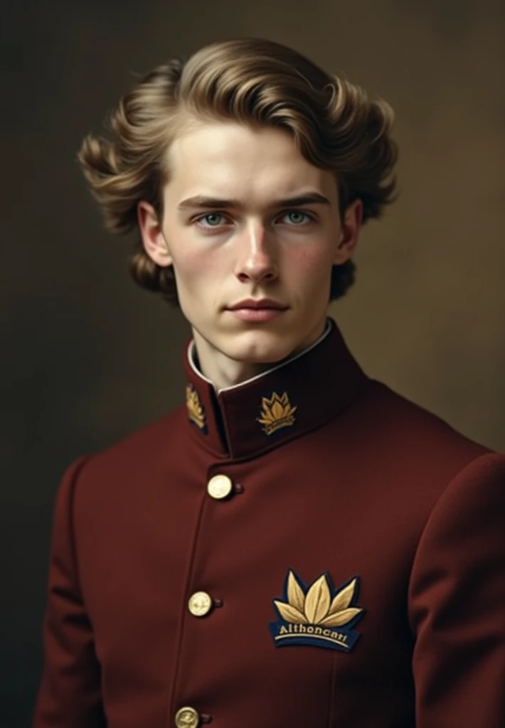  dutch boy (18) old style photo in maroon alma mater uniform with lotus logo in the corner. his hair is wavy to straight, blonde to brown. his eyes are blue and gloomy, but he still smiling just a little. he has ideal body and so handsome, the photo style ...