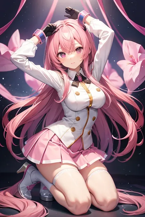 Short skirt， White Long Gloves ，Pink long hair anime girl， Wear handcuffs on both hands， kneeling ，Raise your hands above your head