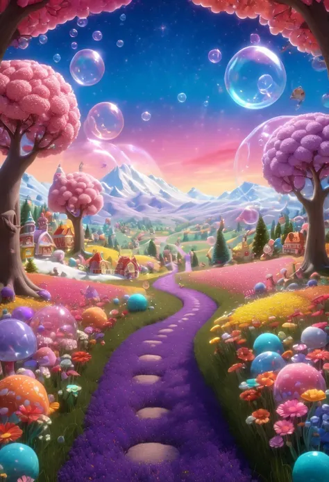 (((best quality))),(((ultra detailed))),(((masterpiece))),illustration,(magical bubble:1.5), whimsical backdrop, candy trees, colorful animals, pastel sky, vibrant flower field, candy path, serene atmosphere