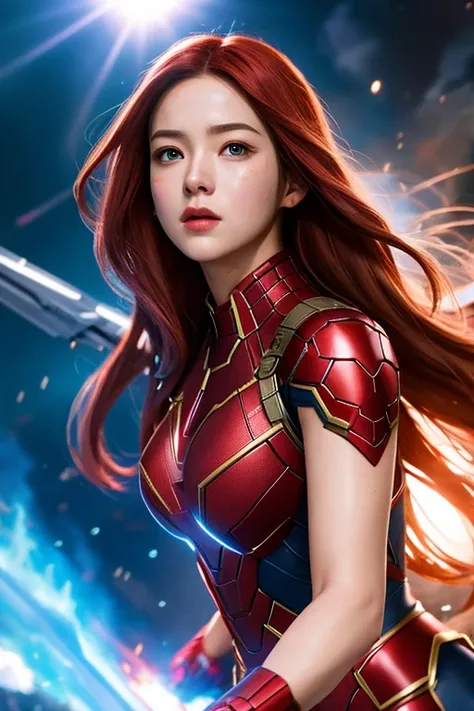 best quality,  highres icon, 8k, masterpiece, ((real photography: 1.5)), whole body,  girl hero,  beautiful face,  well-balanced face ,  long red hair, whole bodyがクリスタル製, Marvel Studio, hollywood movie, battle field, (real movie scene: 1.5), (dynamic angle...