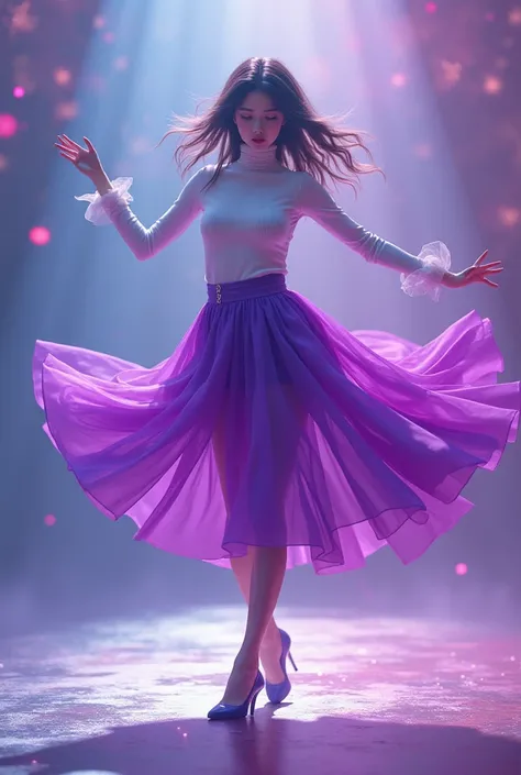 Picture a scene where Aine, a member of an otherworldly idol wearing a white neck Polar and a pretty purple skirt, kicks a kick