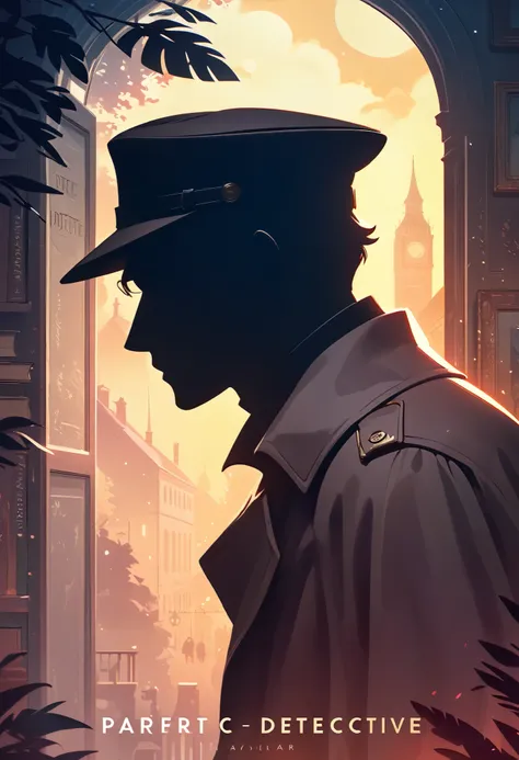 cover page, highres, top quality, best quality, paid reward available, unparalleled masterpiece, perfect artwork, absurdres, The profile of a  wearing a detective hat, silhouette, mystery novel,