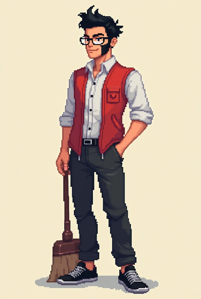 2D Pixel Sprites 30 year old Asian slim male character with spiky black hair and facemask, glasses, wearing an unbuttoned and open red vest with a white button down shirt underneath, black khaki pants, black sneakers, super nintendo from a platform game li...