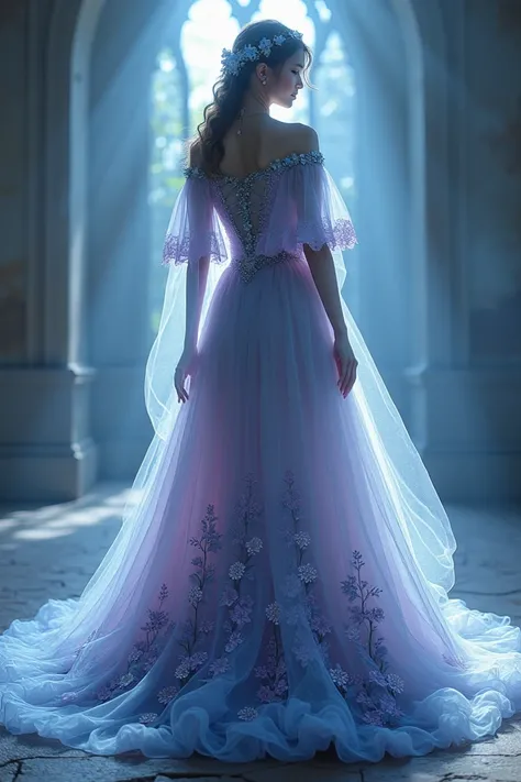 Simple Light blue, white and purple gown with floral
Details on the bottom, cape sleeves,trumpet shaped dress with a. Harry potter style
