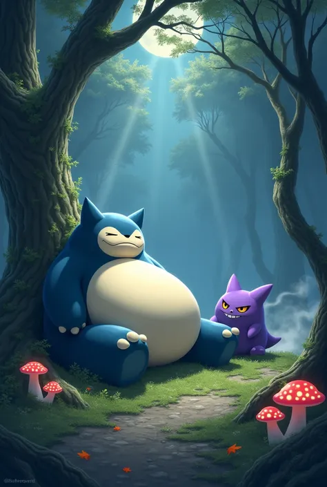 "Create an image of a Snorlax and a Gengar standing together in a mysterious forest. Snorlax is sitting comfortably on a patch of moss, looking relaxed and content, while Gengar is floating beside it, grinning mischievously. The forest is dense, with tower...