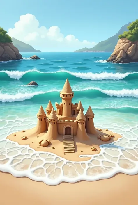 a simple sand castle with beautiful waves crashing, art style