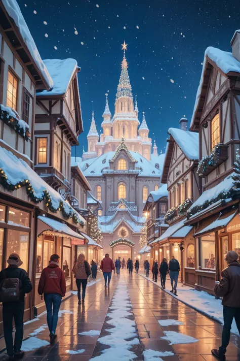 A happy magical Christmas night at the old city, vintage art, 