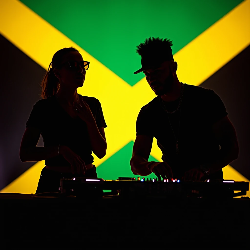 Background image of the flag of Jamaica in front of the flag the silhouette of a singer and that of a DJ based on the images of MC Fractura and DJ Bach 