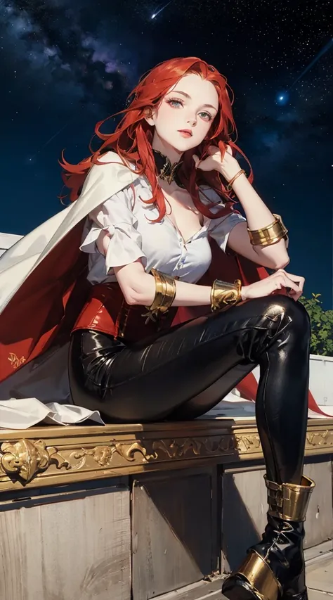 A D&D-style illustration of a female aasimar with long, red hair, pale skin, teal eyes, black pants, tight boots, a red corset, a white shirt, a white cape with high collars, golden metal details, and golden bracers, sitting in a courtyard looking at the s...