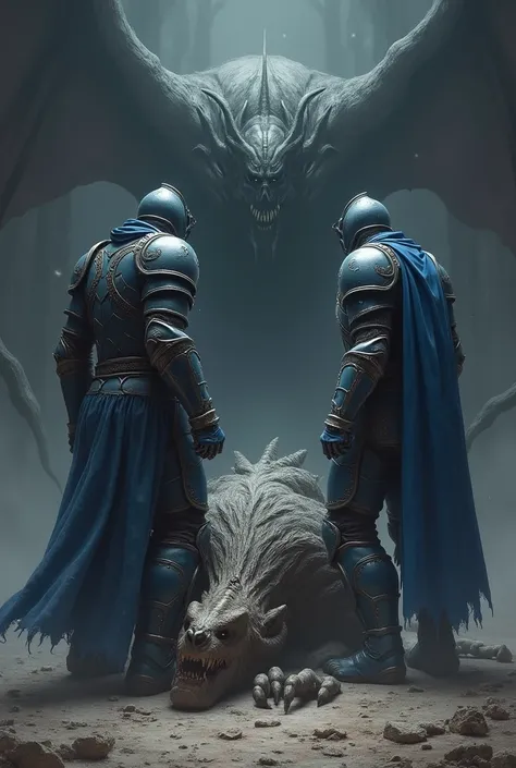 1 warrior in blue armor and blue closed helmet and 1 warrior in light blue armor and light blue closed helmet over the dead body of a gray demon 
