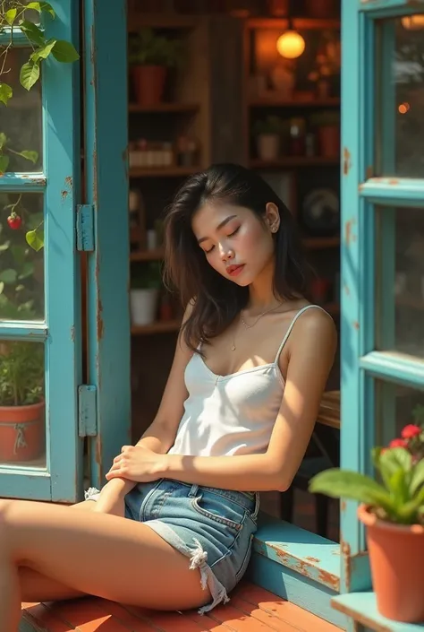 In a charming, sun-soaked café with a vintage aesthetic, a young Thai woman lounges comfortably in a rustic blue window frame, framed by colorful potted plants that cheerfully cascade down from the sill. Clad in a snug white tank top and frayed denim short...