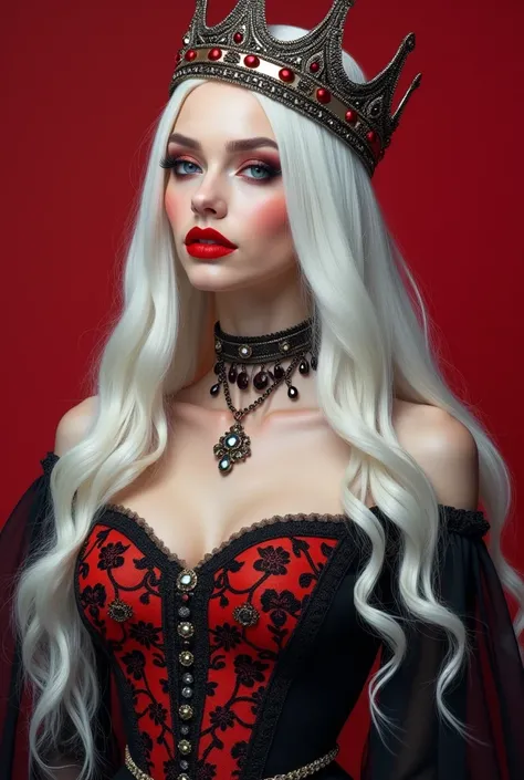 (masterpiece .Uhd.photorealistic) SYNTHWAVE STYLE DESIGN VIBRANT COLORS. Big  , round breast, woman.age 23. She’s an evil queen. Crown. Jewelry. Necklace. Intricate detailed off shoulder dress with long straight white  hair. Full lips.Solid color backgroun...