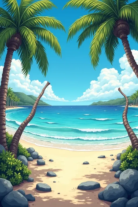  your drawing is resting at a resort ,  in front of you looks a very beautiful and dazzling beach .  There are several coconut tree trunks that are crooked in the wind that are a bit tongue-in-cheek.  The beach area is also filled with various stone blocks...