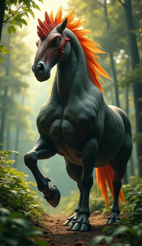 "A striking and surreal creature combining the physical traits of a horse and a chicken. The hybrid has the massive, muscular body of a horse, enhanced with exaggerated bodybuilder-like proportions, veins bulging and muscles rippling with power. Its head i...