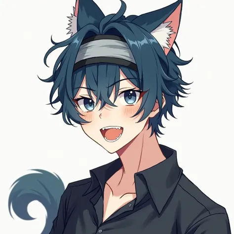 A headband ， A blue-black hair 、 with blue black eyes， with a crooked smile looking at the audience ,  A nineteen-year-old boy wearing a black shirt ，fair skin，Showing tiger teeth,  Japanese Illustration Style,  soft color ,  Simple Background , Handsome，W...