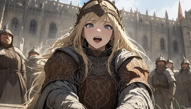  Medieval Europe ,  Detailed , 4K, masterpiece、Woman in armor、 long blonde hair 、A woman who loudly inspires soldiers、Sidelong glance、 scream with your mouth wide open 