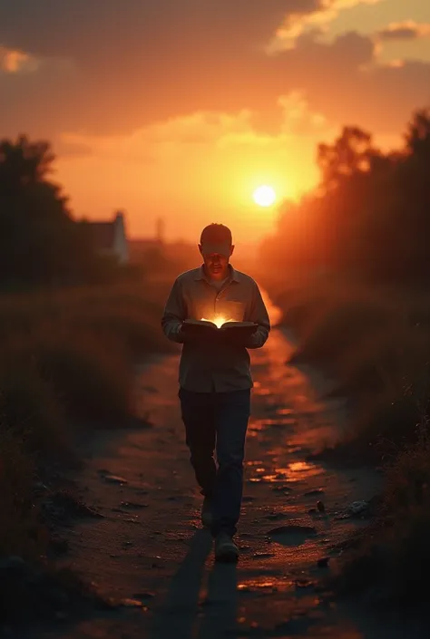 Scenery:
A person in normal normal clothing walking along a dark path full of obstacles ,  but surrounded by a warm light that comes from an open Catholic Bible that they hold in their hands. in the distance, , a clear horizon with warm colors of dawn , sy...