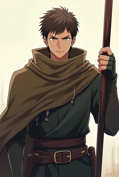 1 man, Solo, High Resolution, Looking at viewer, Short Hair, Brown Hair, Serious, Brown Eyes, Simple background, Anime Style, Fighter, Glaive