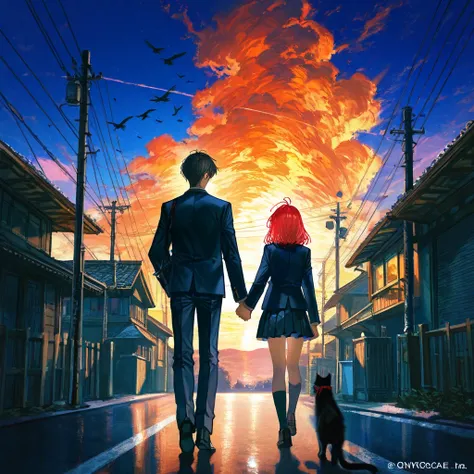 oil painting,Impressionism, artistic representation of the sky, DRIPPING,artist:john kafka,artist:wanke,artist:fuzichoco,artist:quasarcake,1girl and 1boy,Lovers, holding hands, back silhouette,blazer uniform, walking,double Silhouettes,Afterimage painted o...