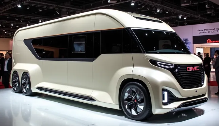 A Sleek And Full HD Realistic 2025 GMC Motorhome A Cream White Shiny Exterior And Parked In Auto Show And Sides View Unique Design 