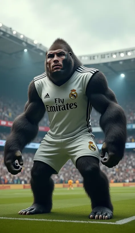 Make me an image of cristiano ronaldo being a gorilla, I want the ronaldo gorilla, in the middle of the stadium, this is a fusion of an animal and a human, a gorilla with cristiano ronaldos features, with hair, white real madrid shirt, but being a gorilla ...