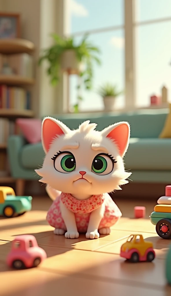 A digitally rendered cartoon cat with white fur and green eyes wears a pink floral dress, crouched on a wooden floor strewn with colorful toy blocks and small vehicles. The cat looks frustrated, with its ears back and an angry expression. In the background...