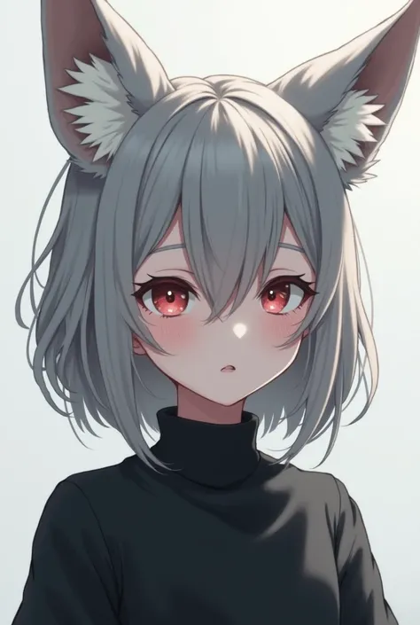  fox ear　Gray Hair　 Hide Ears ,  ahe face,  Minimalist ,  anime style, 