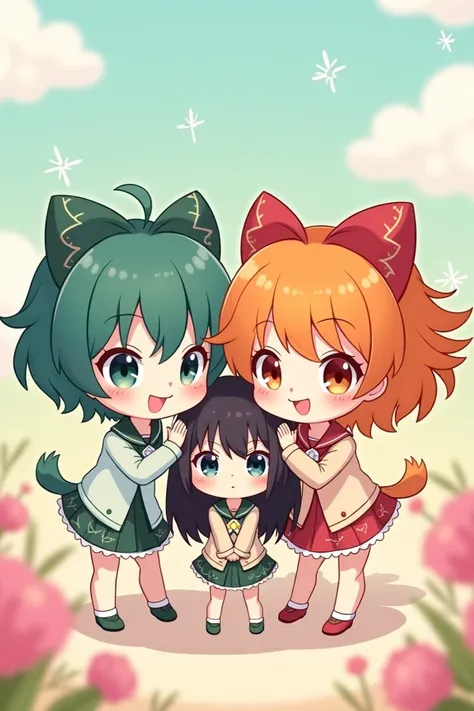 make me a three chibi character twins, one with green teal hair, one with black to ginger orange Hair, and one with orange ginger hair