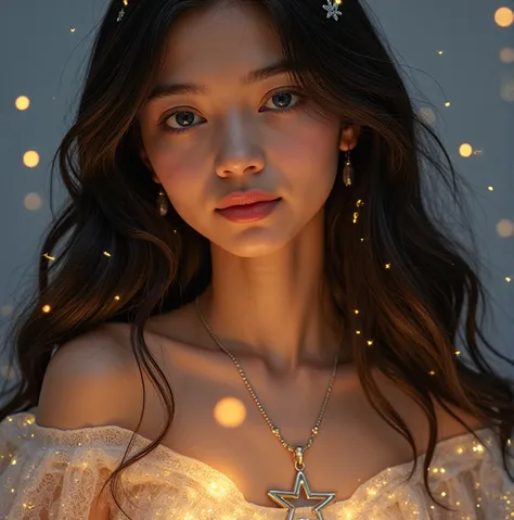 Aarya is a radiant  girl, a  of wonder and mystery. Her long, jet-black hair cascades down in soft, wavy curls, shimmering with a subtle golden glow. It appears almost as though her hair is made of pure starlight, a visual manifestation of her celestial co...