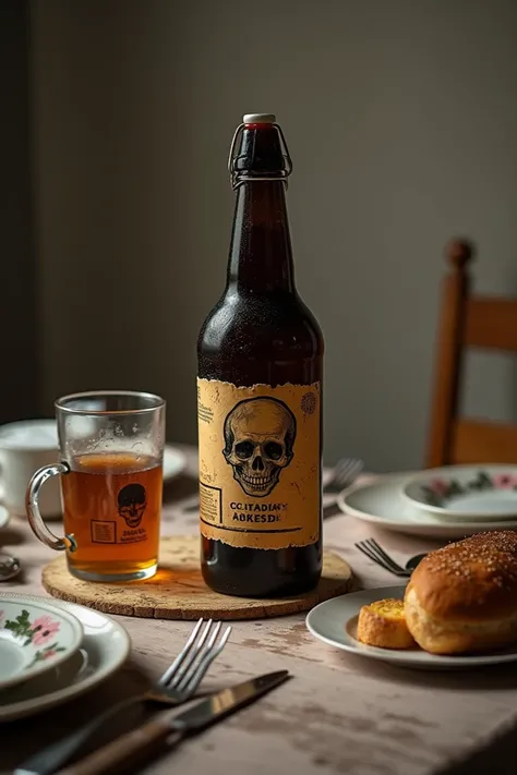 Image réelle photo d’une table de petit déjeuner avec des produit toxique en
Boisson . La bouteille de boisson a une tête de mort sur l’étiquette 