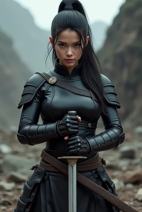 A warrior girl wearing black leather armor with a long ponytail  Holding a Japanese sword 