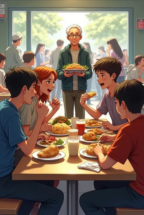 Teenagers sit down to talk, eat food together in a fun way
Another old man stood holding a tray of food in his sad eyes in the cafeteria.