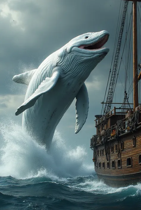 white whale jumping on top of a large wooden boat 